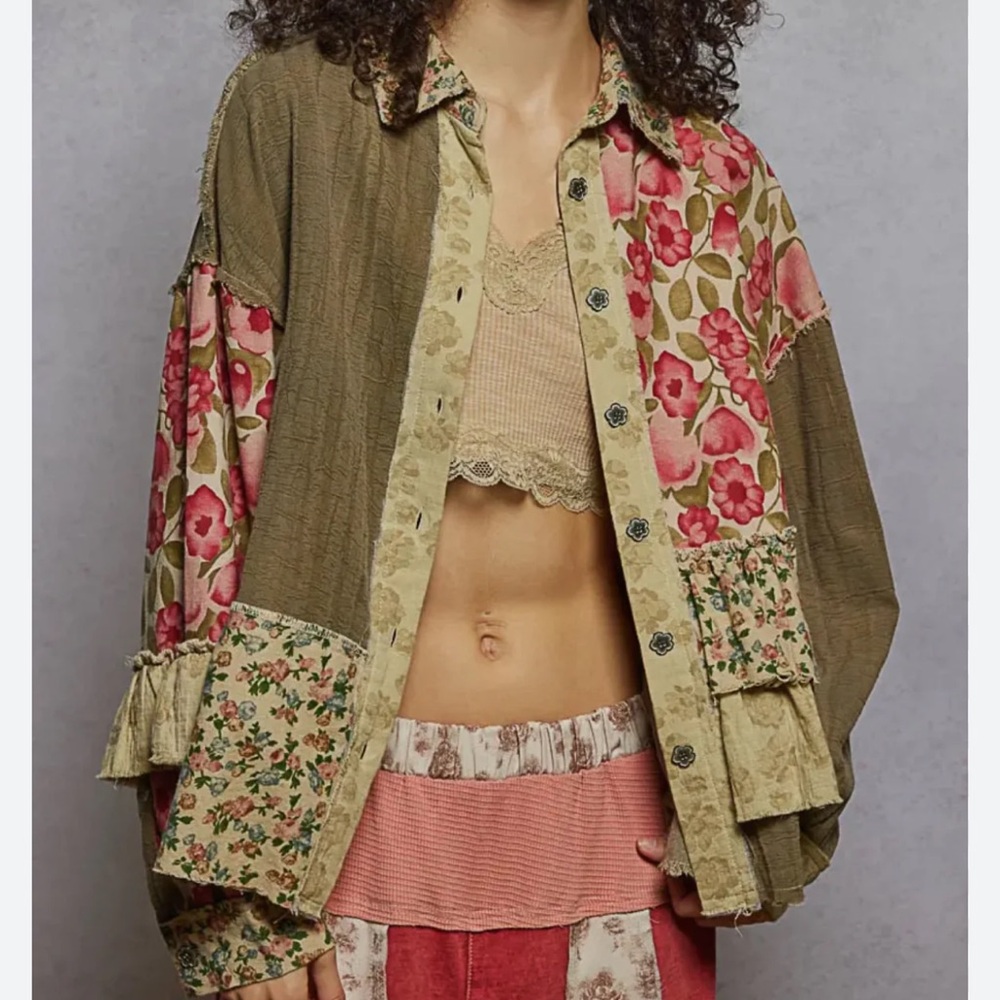 Pol Long Sleeve Patchwork Double Gauze Shirt Flor… - image 1